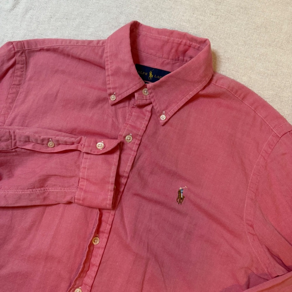 Ralph Lauren Chambray Oxford Shirt Mens Medium Pink Long Sleeve Pony Logo - Picture 2 of 5